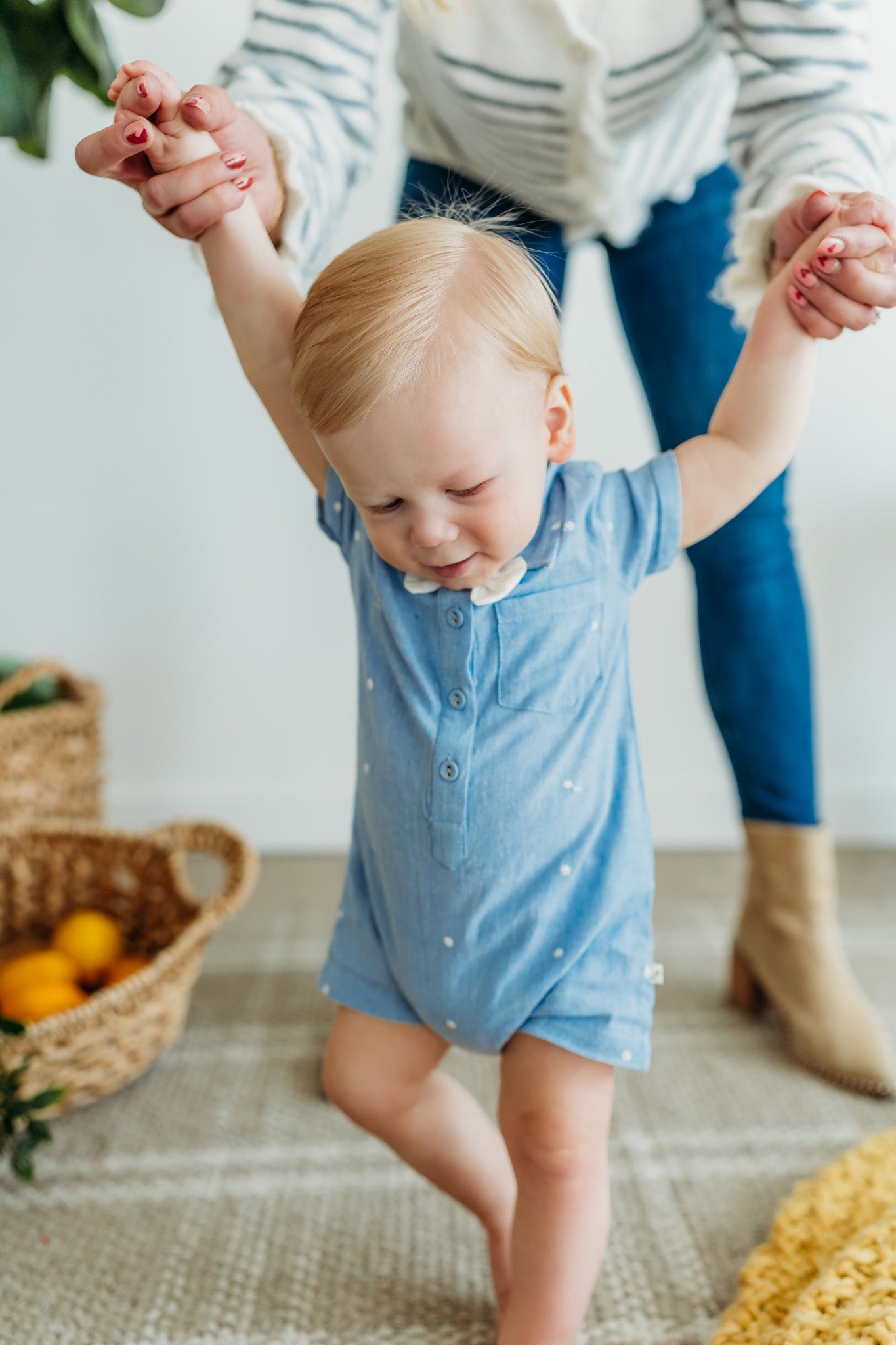 Isla Bowtie Chambray Baby Romper (Organic Cotton)