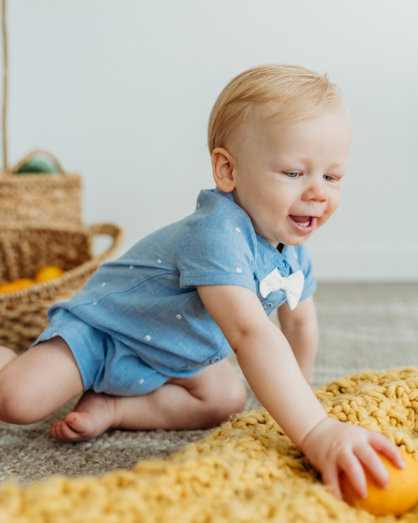Isla Bowtie Chambray Baby Romper (Organic Cotton)