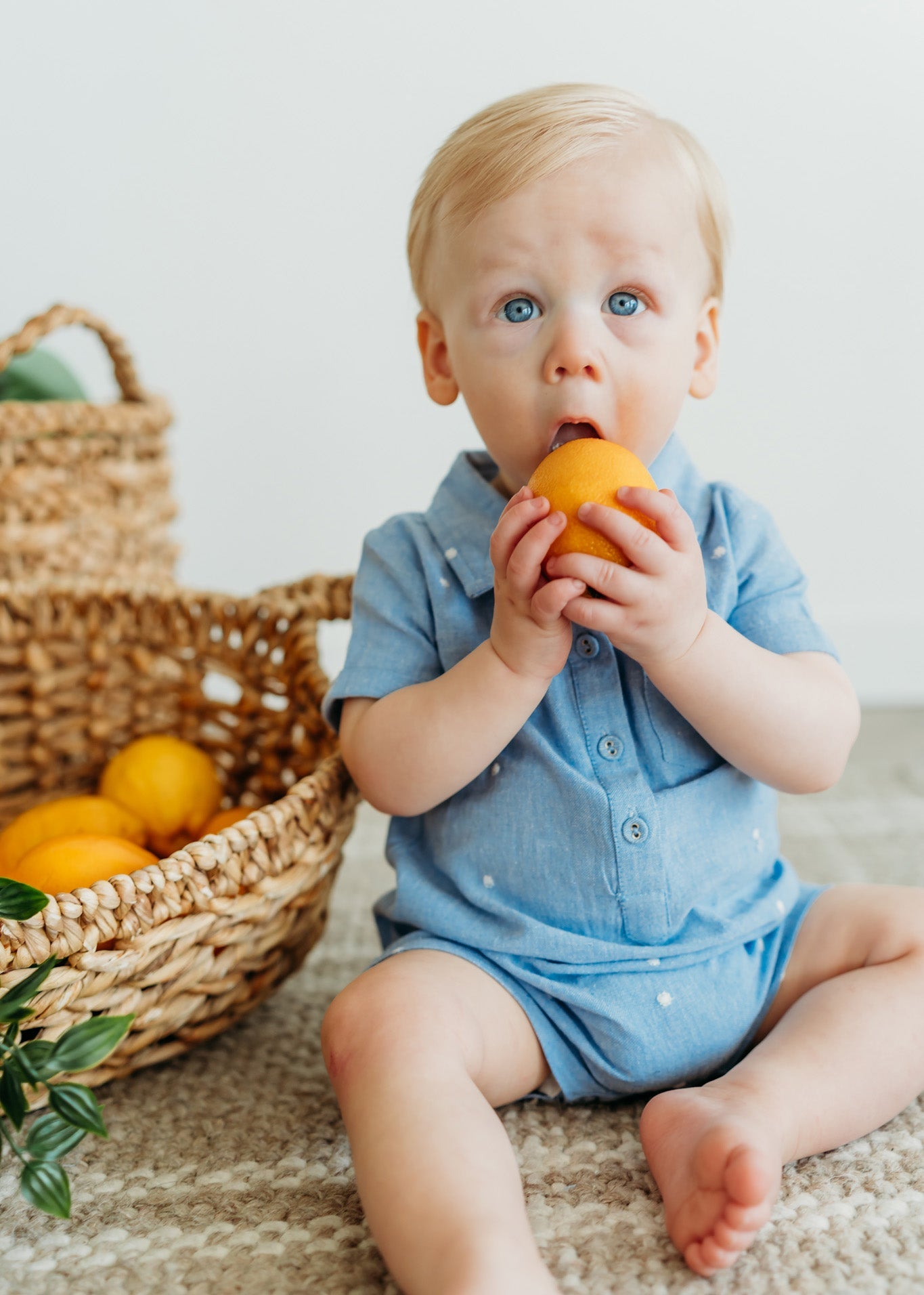 Isla Bowtie Chambray Baby Romper (Organic Cotton)