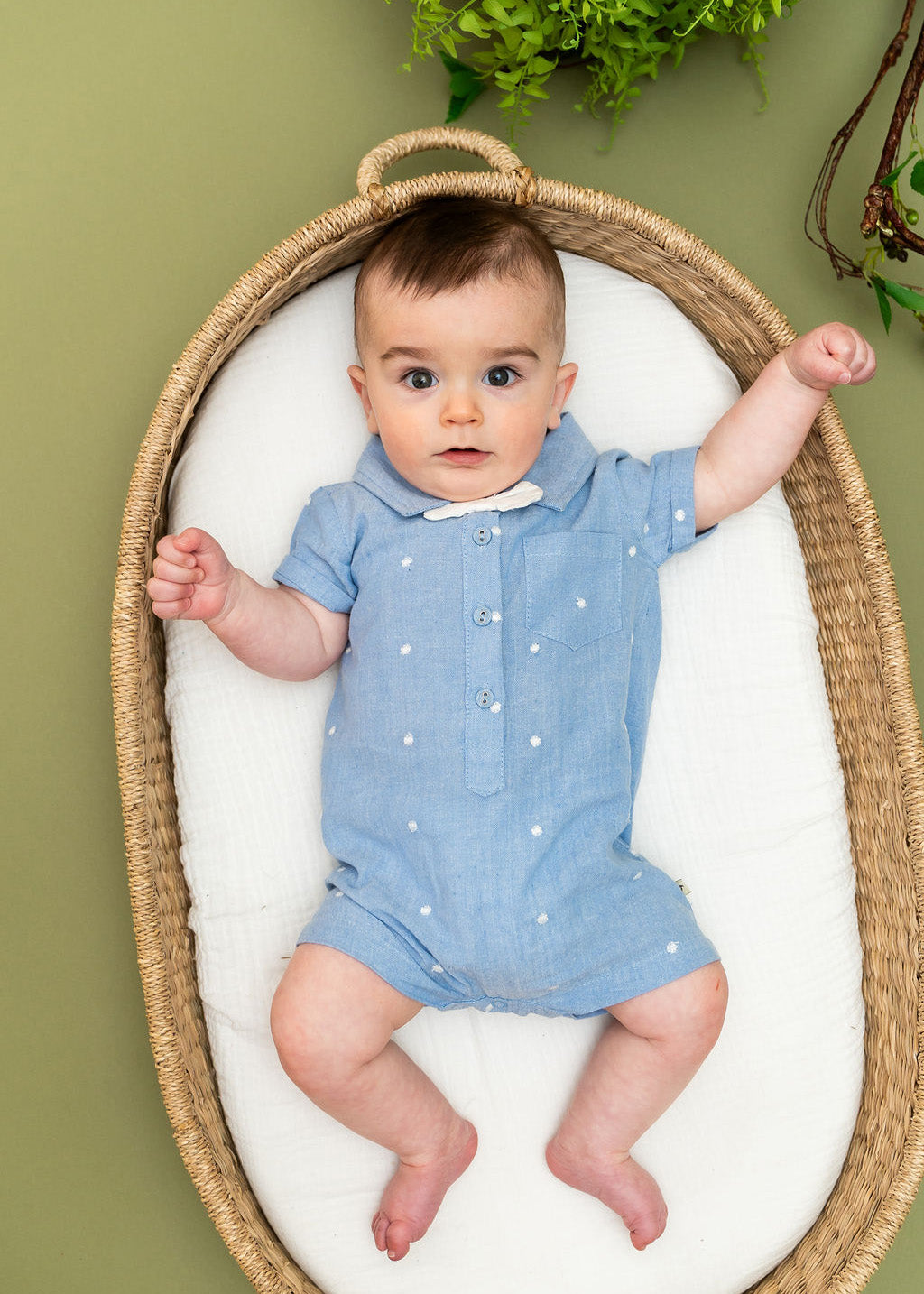 Isla Bowtie Chambray Baby Romper (Organic Cotton)