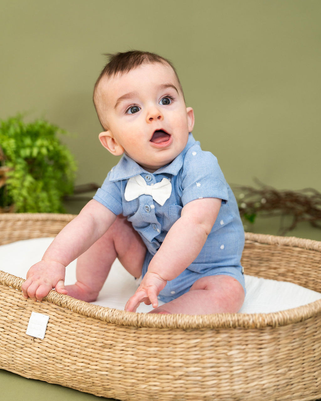 Isla Bowtie Chambray Baby Romper (Organic Cotton)