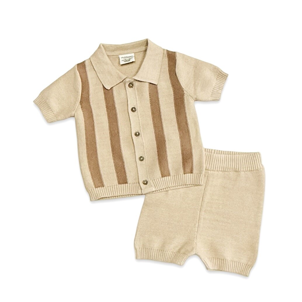 Tennis Collar & Stripe Knit Top & Shorts Set (Organic Cotton) - 2 Colors