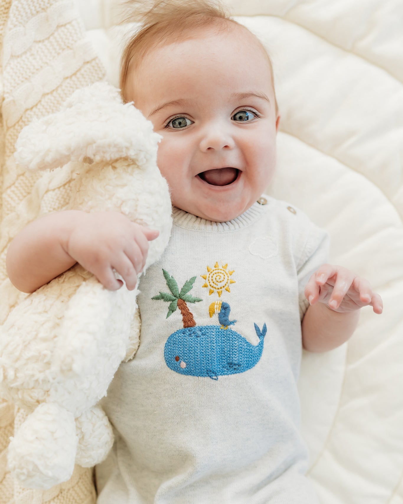 Whale & Bird Embroidered Knit Baby Romper (Organic Cotton)