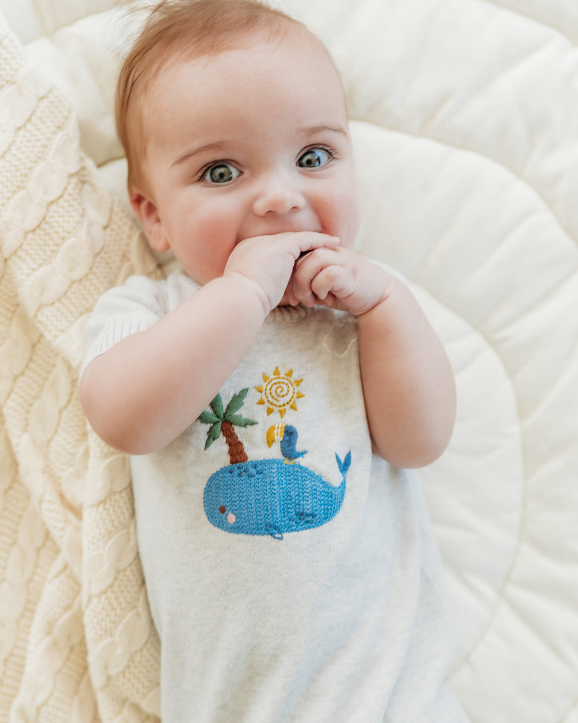 Whale & Bird Embroidered Knit Baby Romper (Organic Cotton)