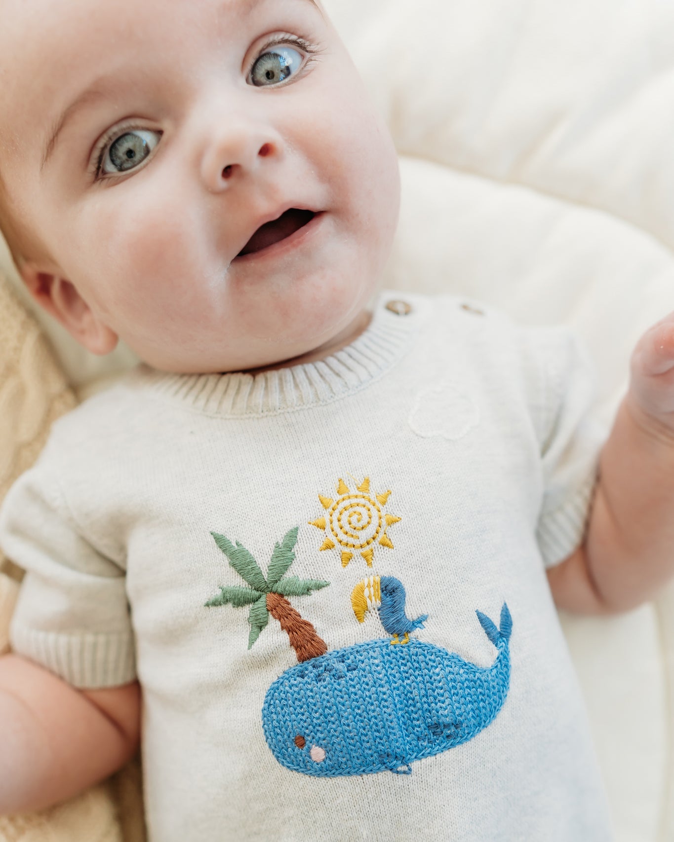 Whale & Bird Embroidered Knit Baby Romper (Organic Cotton)