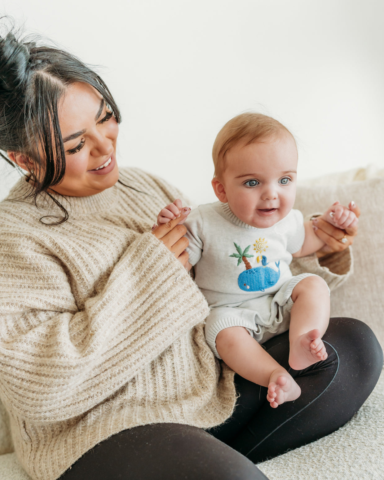 Whale & Bird Embroidered Knit Baby Romper (Organic Cotton)