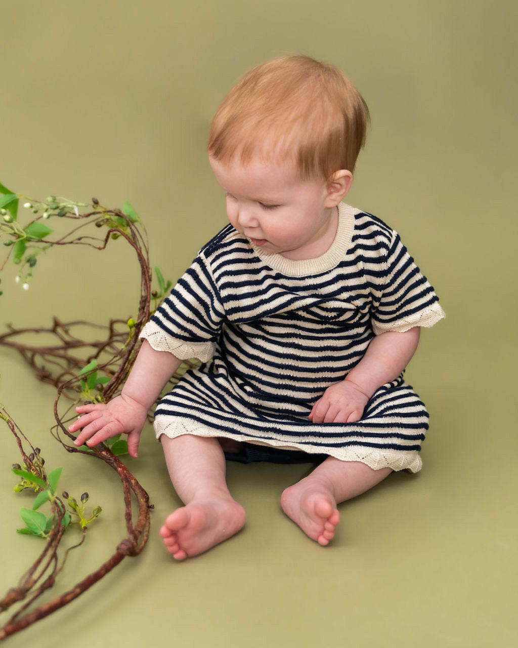 Pointelle & Navy Stripe Knit Tunic Dress & Bloomer Set (Organic Cotton)