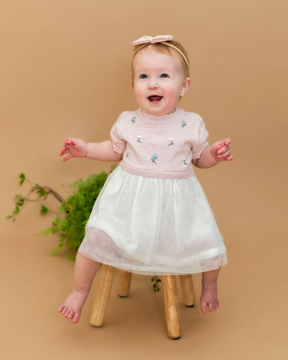 Floral Embroidered Short Sleeve Tutu Baby Knit Dress (Organic Cotton)