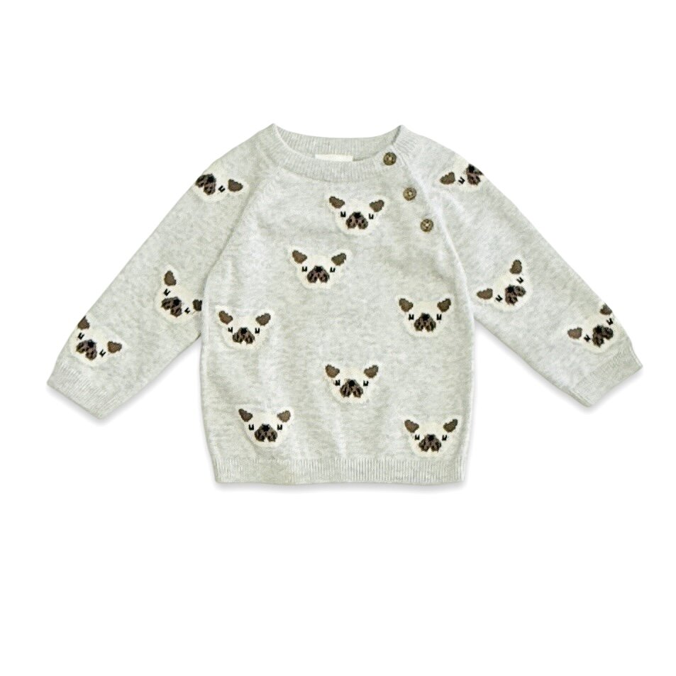 Frenchie Puppy Jacquard Organic Cotton Baby Sweater & Pant Set