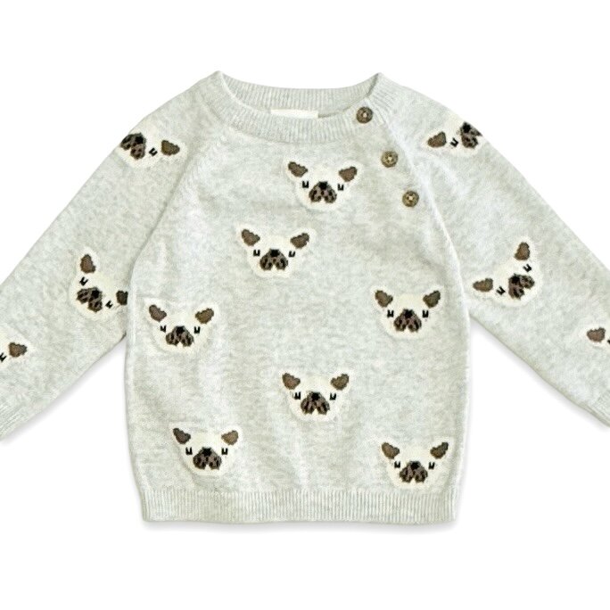 Frenchie Puppy Jacquard Organic Cotton Baby Sweater & Pant Set