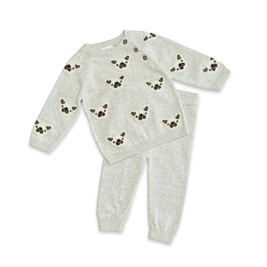 Frenchie Puppy Jacquard Organic Cotton Baby Sweater & Pant Set