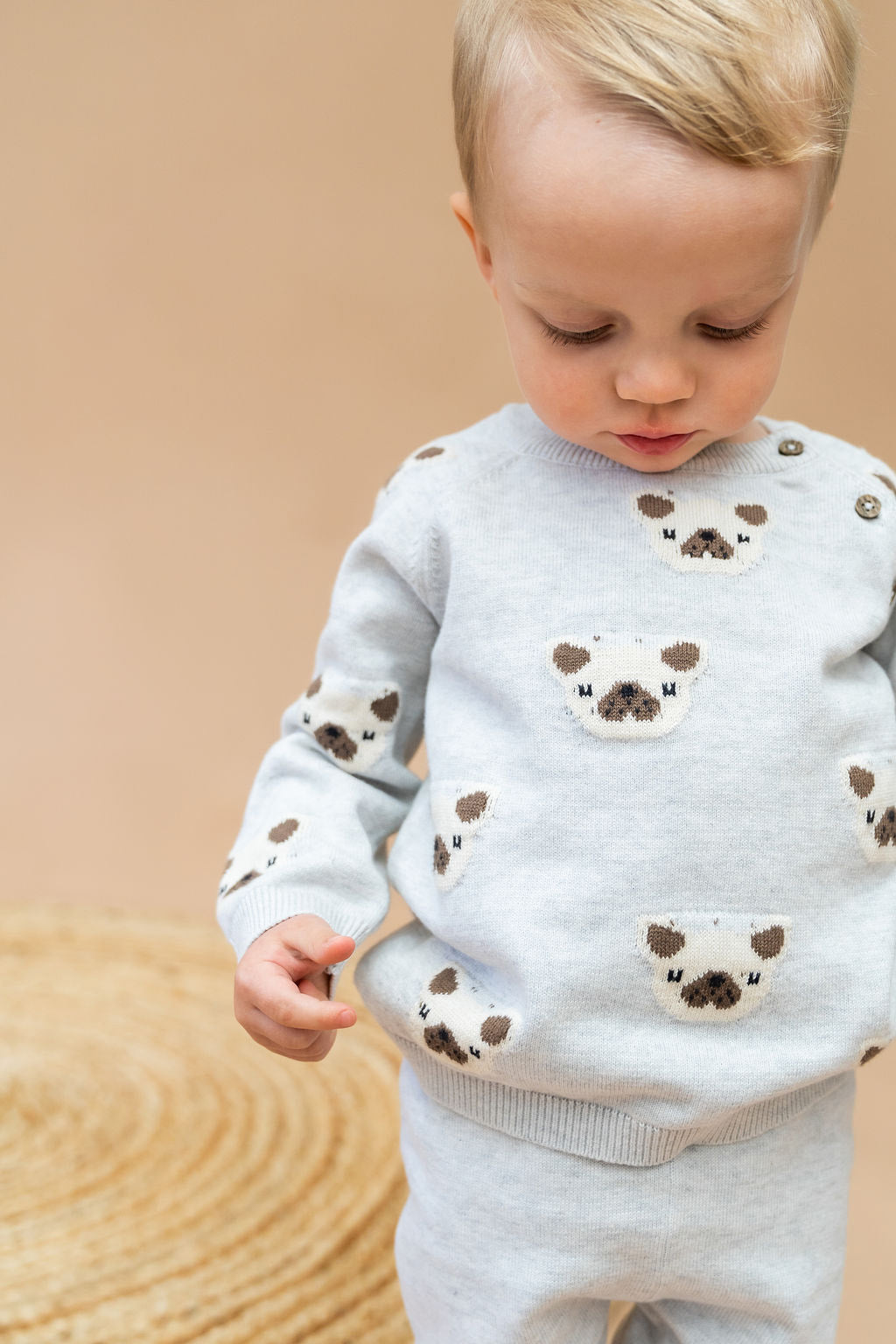 Frenchie Puppy Jacquard Organic Cotton Baby Sweater & Pant Set