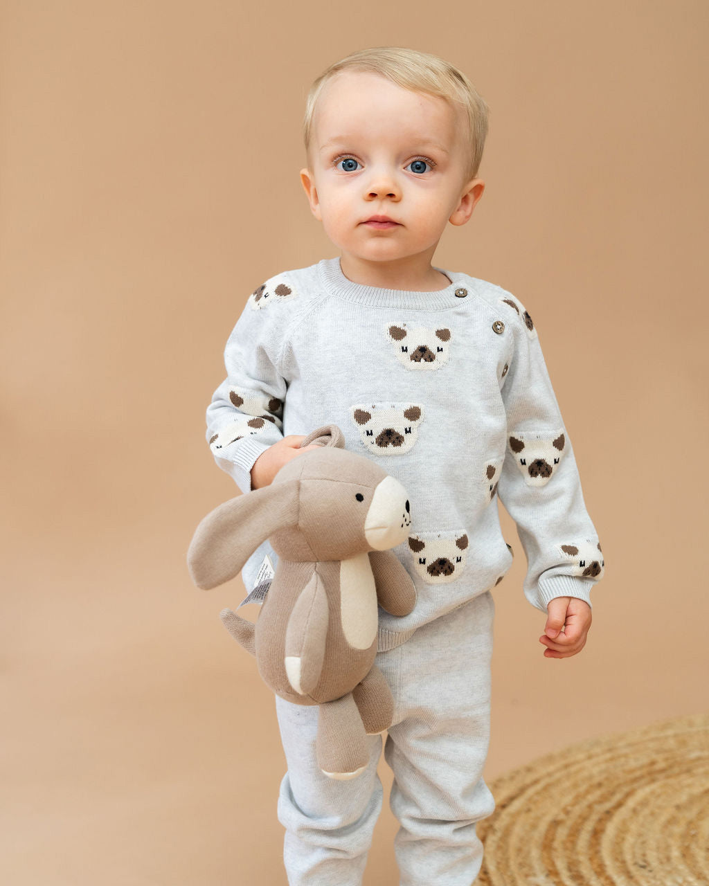 Frenchie Puppy Jacquard Organic Cotton Baby Sweater & Pant Set