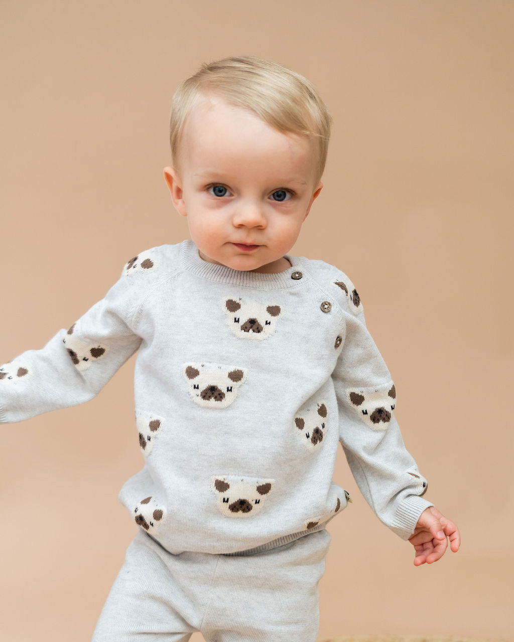 Frenchie Puppy Jacquard Organic Cotton Baby Sweater & Pant Set