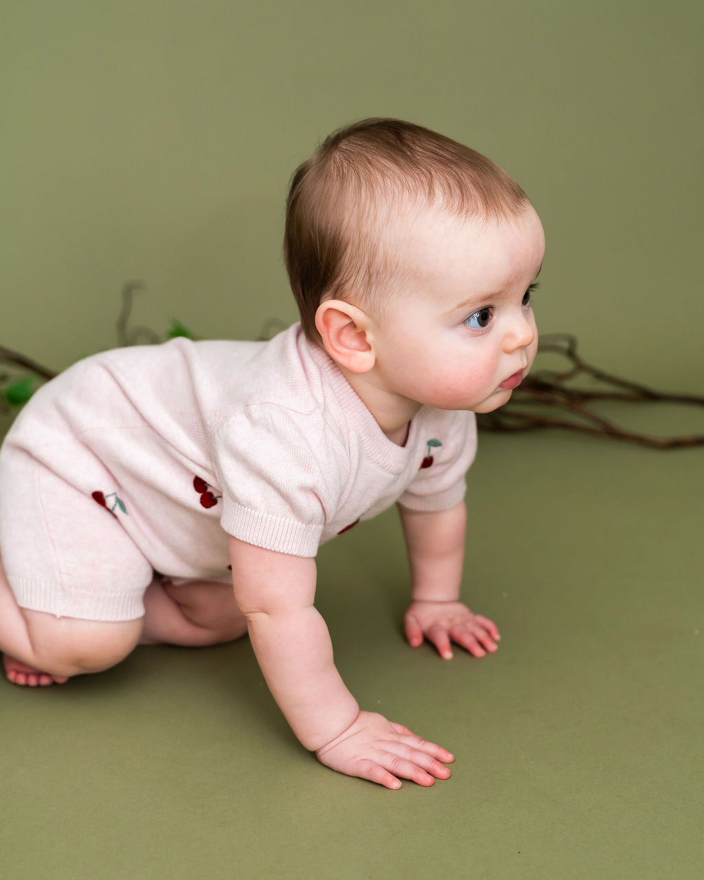 Cherry Embroidered Knit Short Sleeve Baby Romper (Organic Cotton)