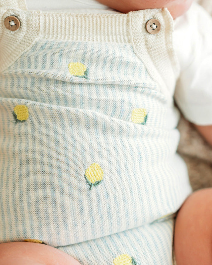 Lemon Stripe Embroidered Knit Baby Romper Set (Organic Cotton)