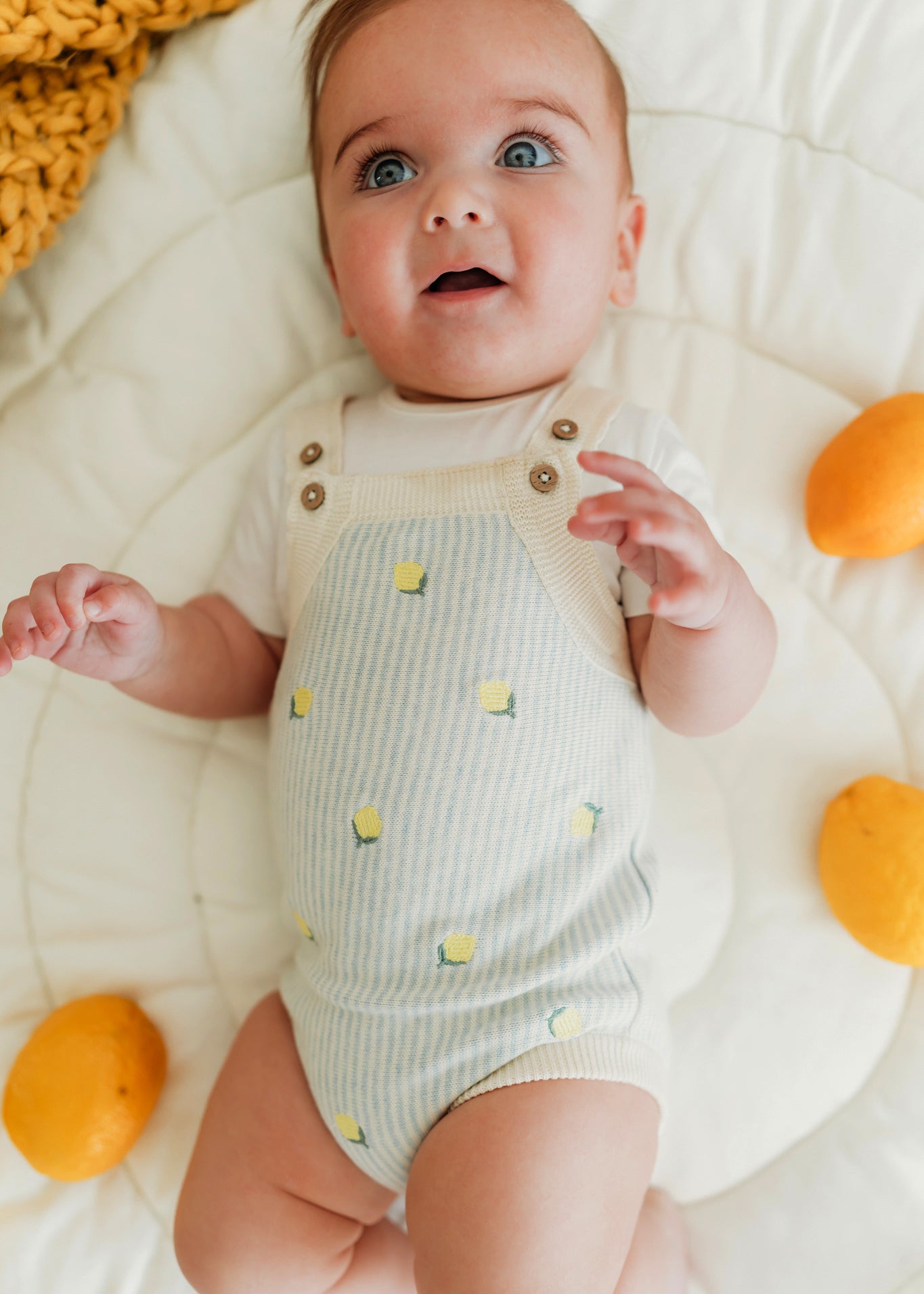 Lemon Stripe Embroidered Knit Baby Romper Set (Organic Cotton)