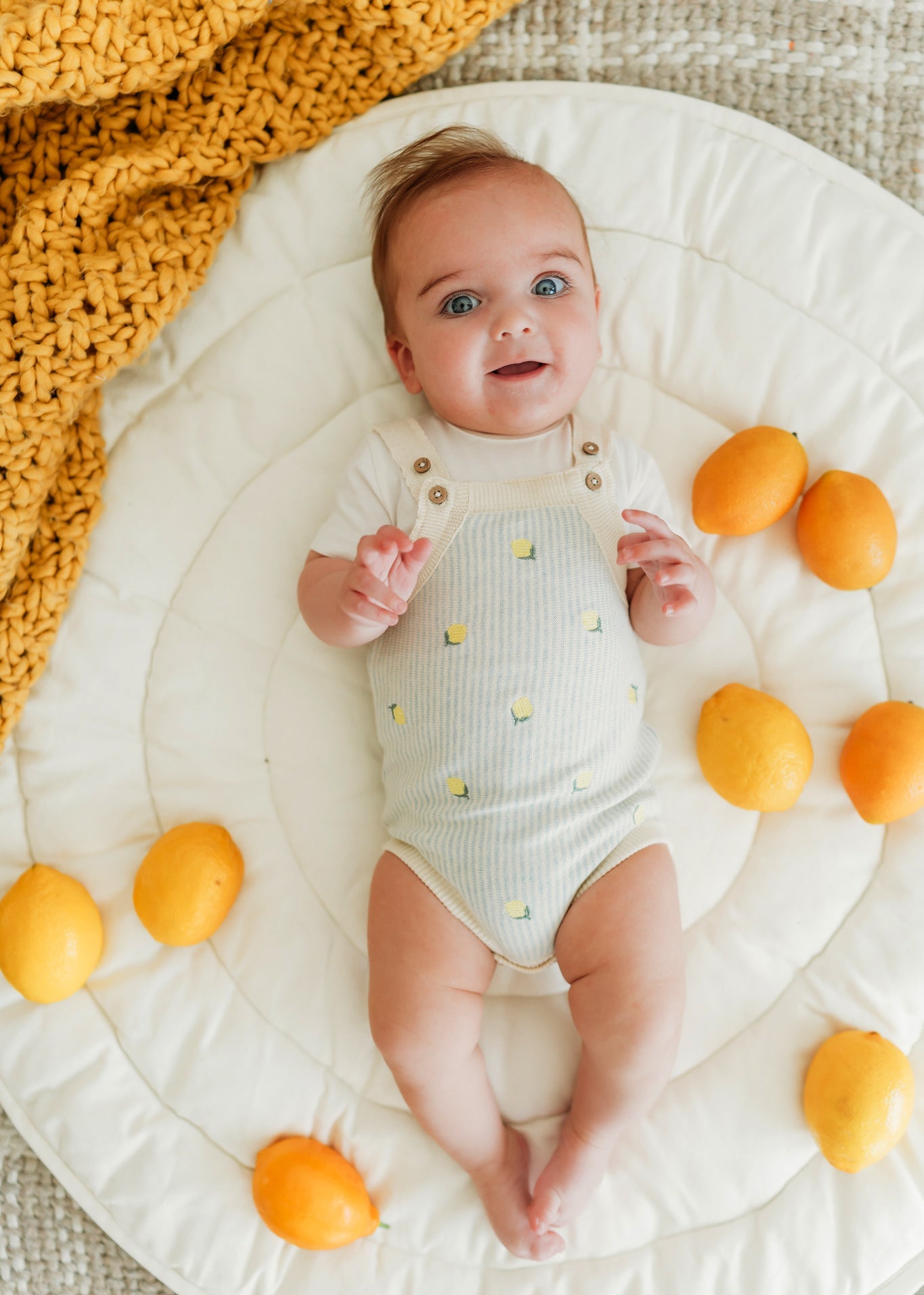 Lemon Stripe Embroidered Knit Baby Romper Set (Organic Cotton)