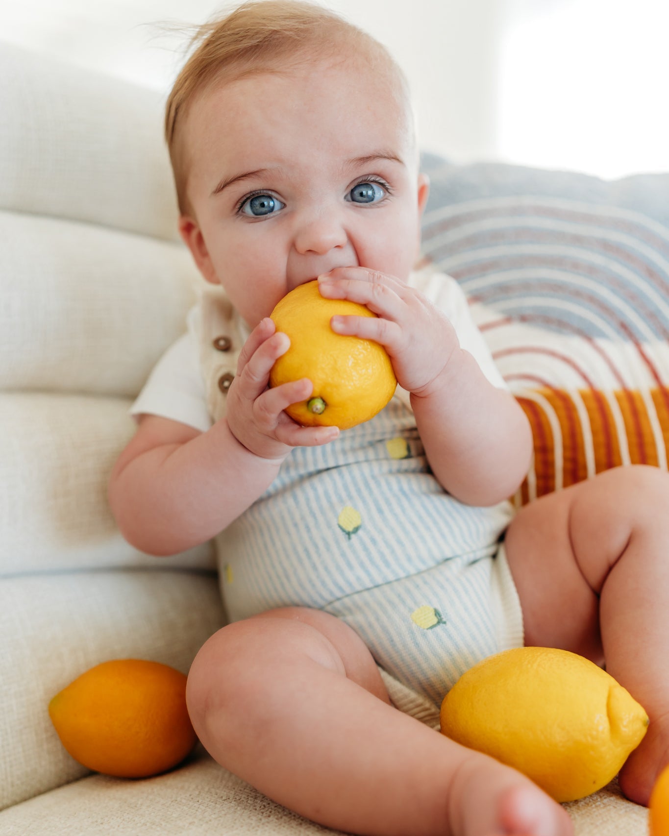 Lemon Stripe Embroidered Knit Baby Romper Set (Organic Cotton)