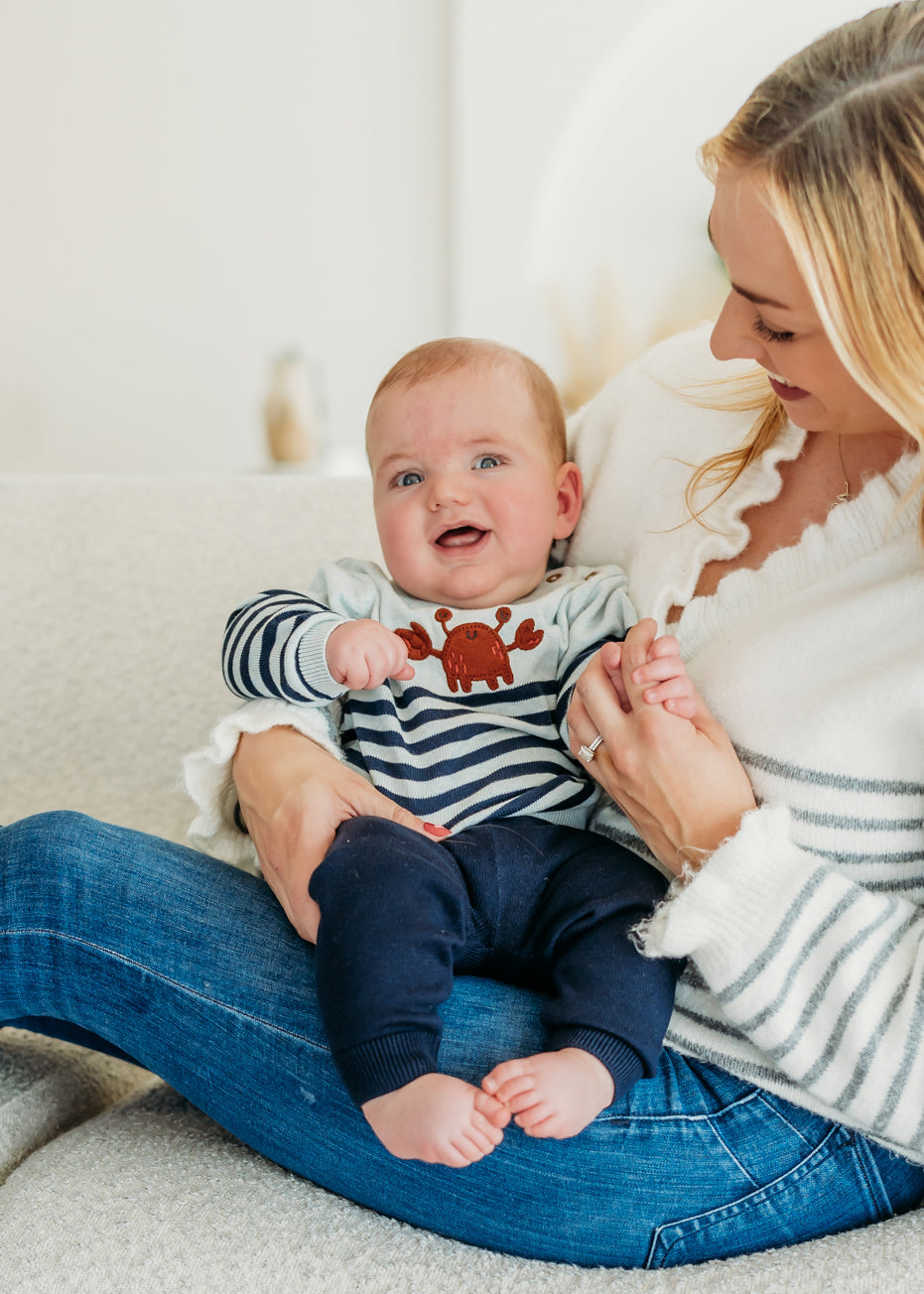 Crab Embroidered & Stripe Knit Baby Pullover (Organic Cotton)