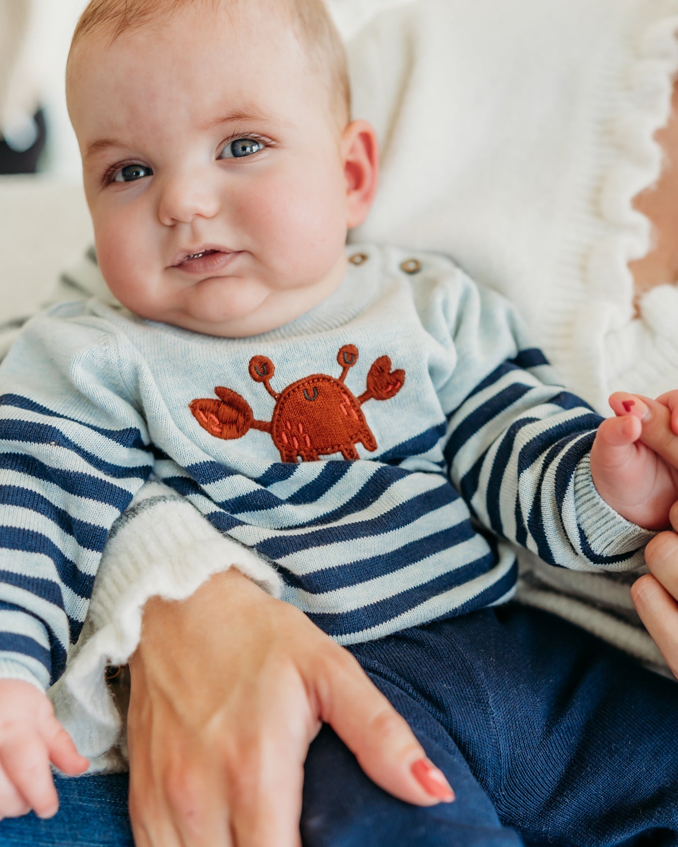 Crab Embroidered & Stripe Knit Baby Pullover (Organic Cotton)