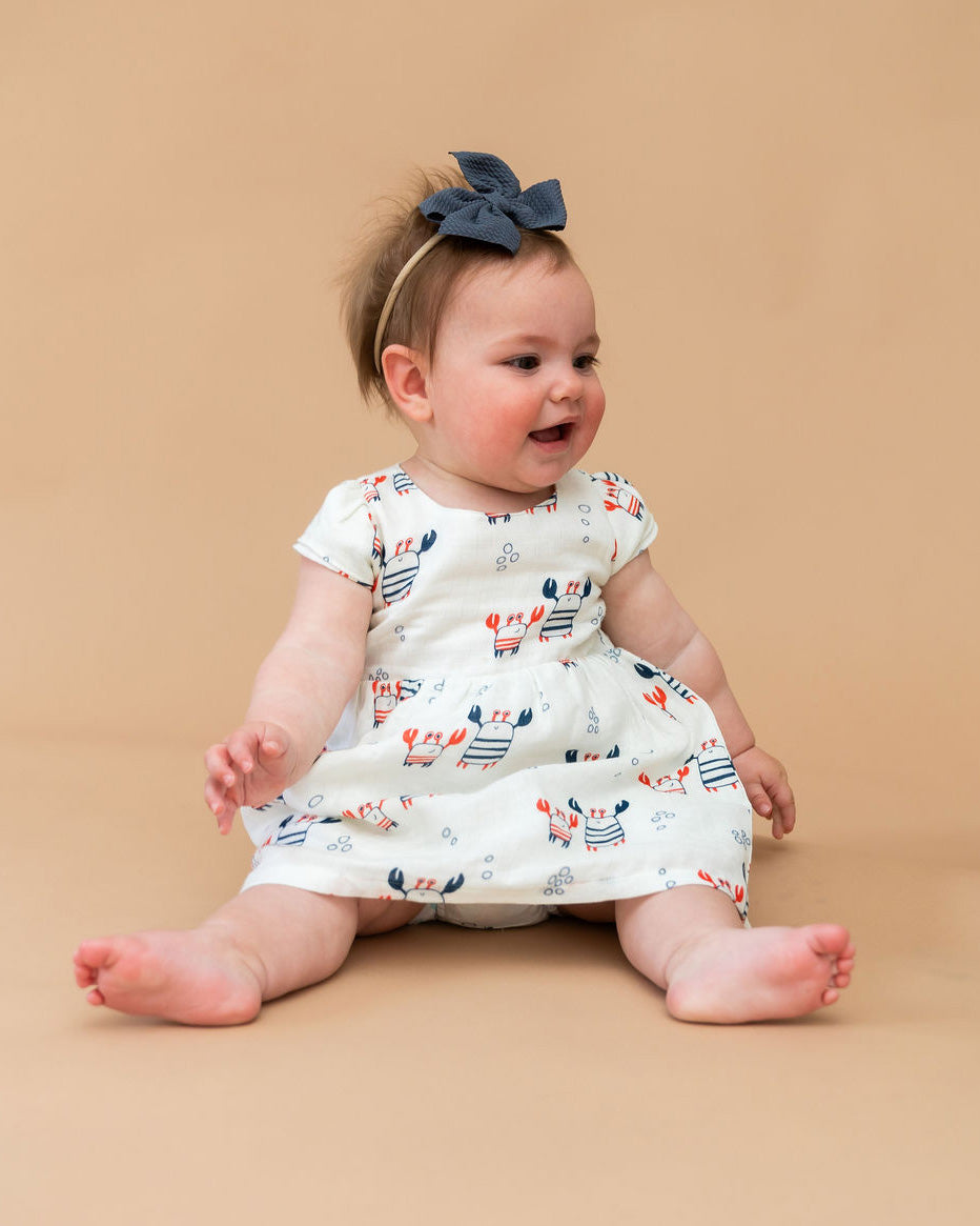 Nautical Crab Cap Sleeve Baby Dress + Bloomer SET (Organic Muslin)