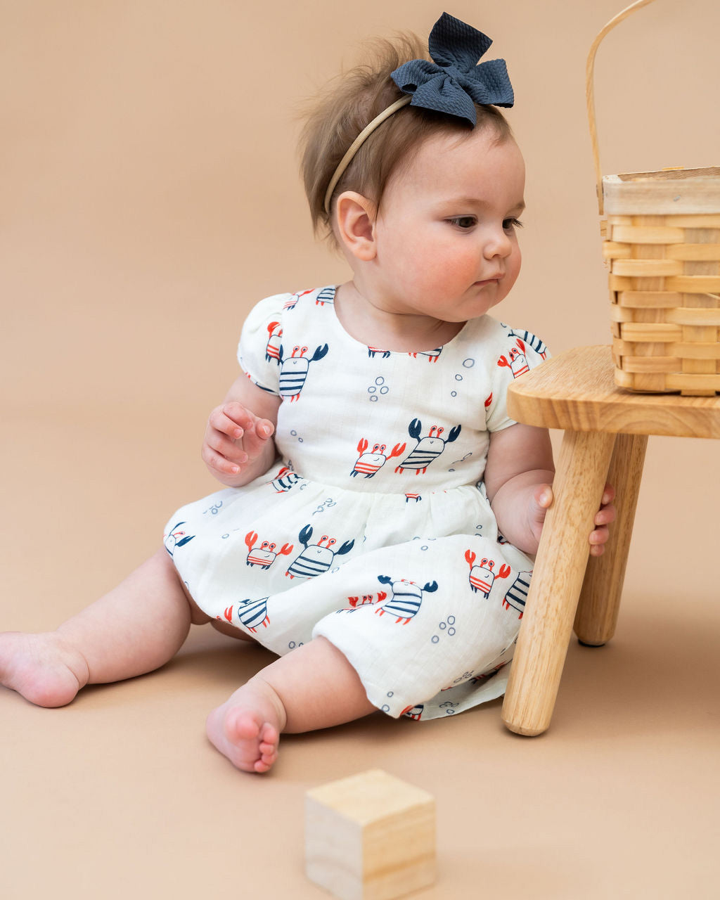 Nautical Crab Cap Sleeve Baby Dress + Bloomer SET (Organic Muslin)