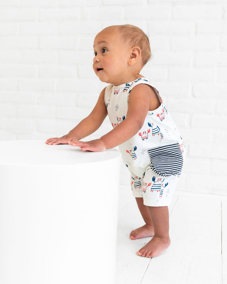 Nautical Crab Side Pocket Short Baby Romper (Organic Jersey)
