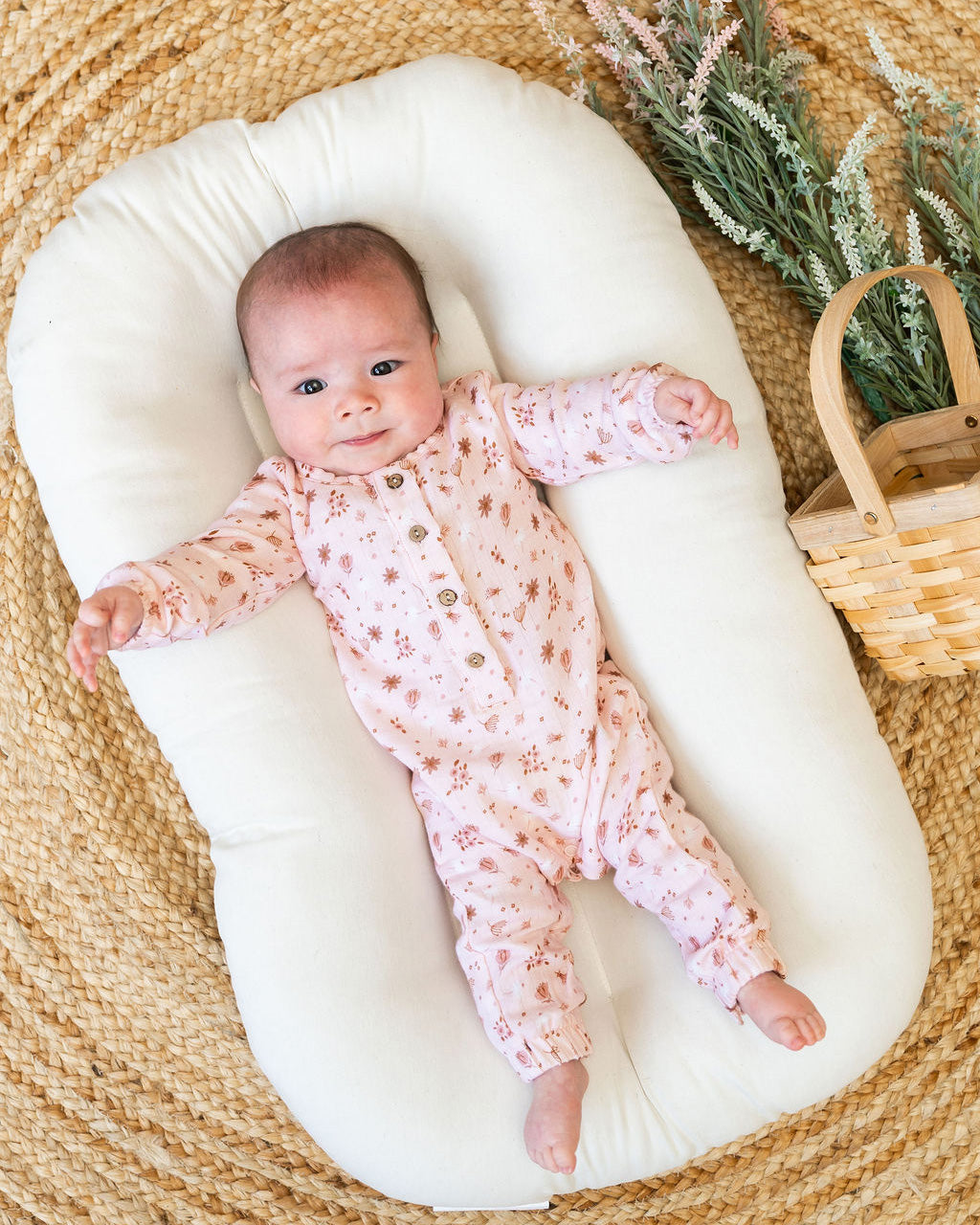 Pink Floral Long Sleeve Baby Jumpsuit  (Organic Muslin)