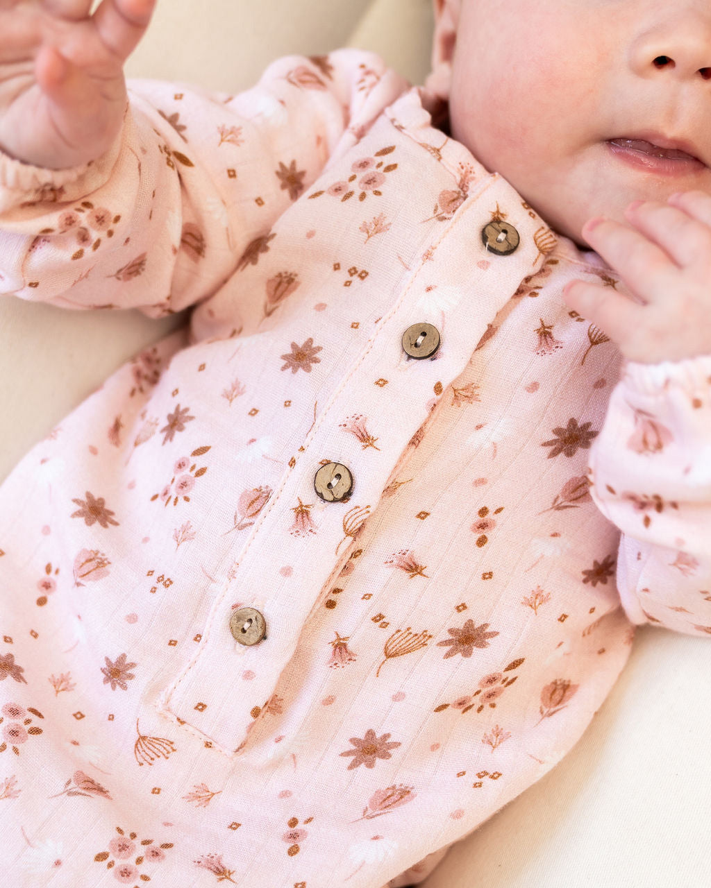 Pink Floral Long Sleeve Baby Jumpsuit  (Organic Muslin)