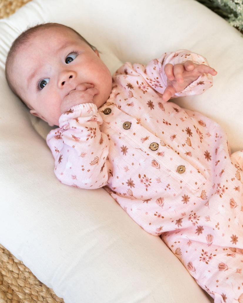 Pink Floral Long Sleeve Baby Jumpsuit  (Organic Muslin)