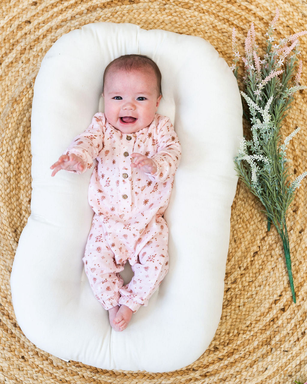 Pink Floral Long Sleeve Baby Jumpsuit  (Organic Muslin)