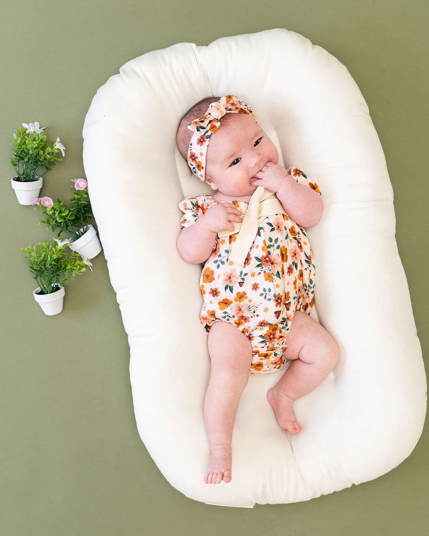 Summer Floral Bow Bubble Romper + Headband Set (Organic Muslin)