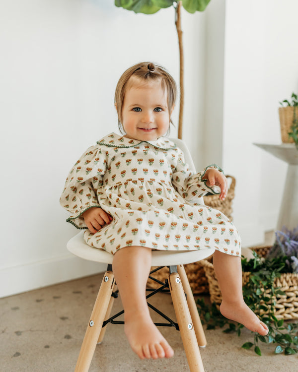 Ina Block Print Floral Baby Dress & Bloomer Set (Linen Blend)