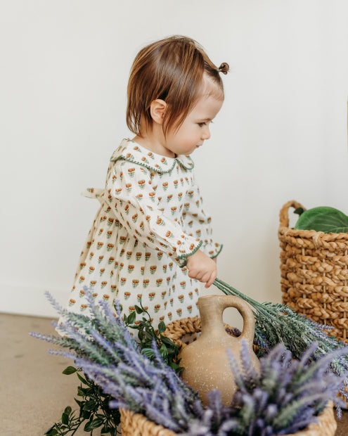 Ina Block Print Floral Baby Dress & Bloomer Set (Linen Blend)