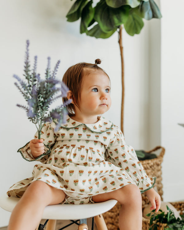 Ina Block Print Floral Baby Dress & Bloomer Set (Linen Blend)