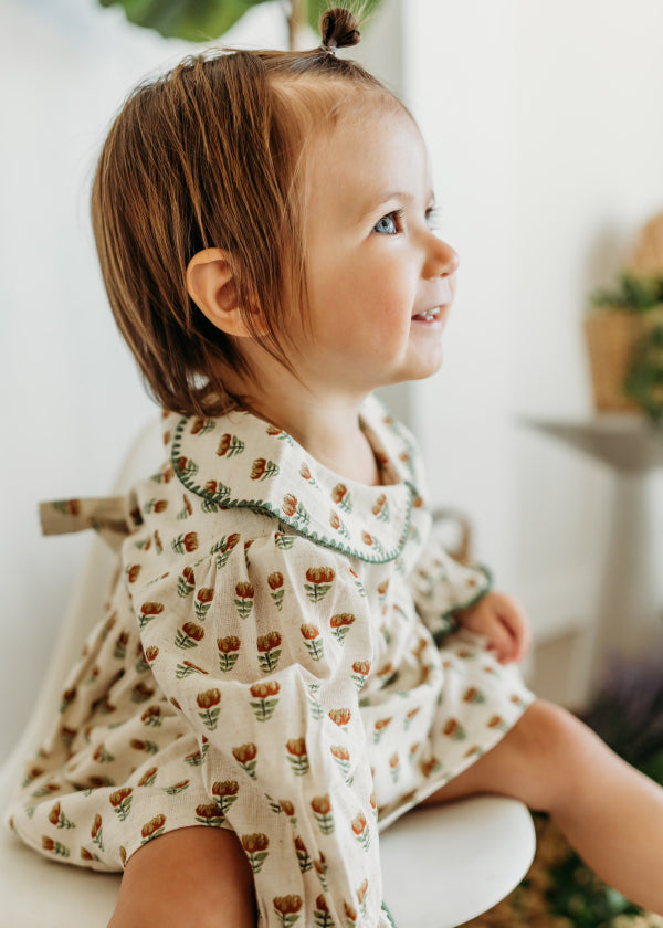 Ina Block Print Floral Baby Dress & Bloomer Set (Linen Blend)