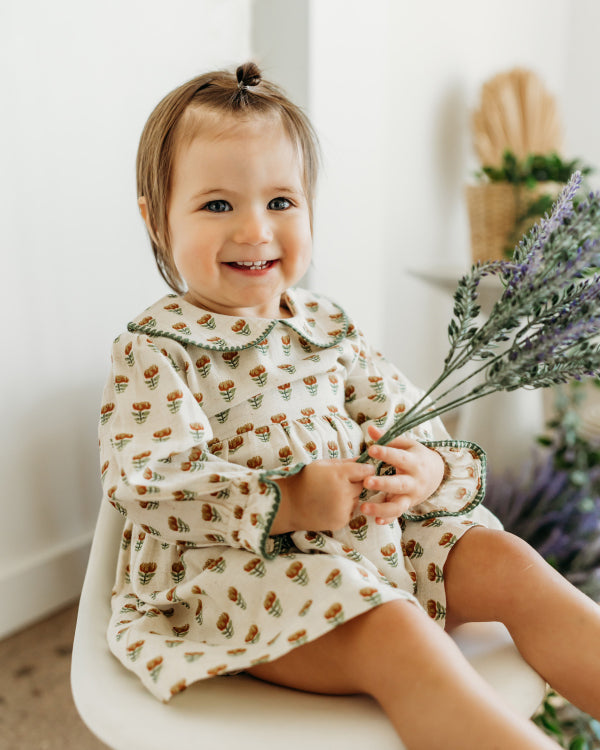 Ina Block Print Floral Baby Dress & Bloomer Set (Linen Blend)