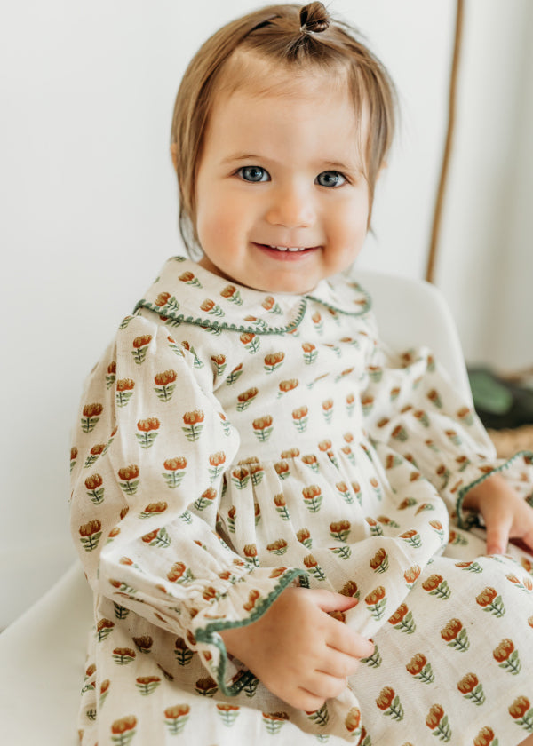 Ina Block Print Floral Baby Dress & Bloomer Set (Linen Blend)