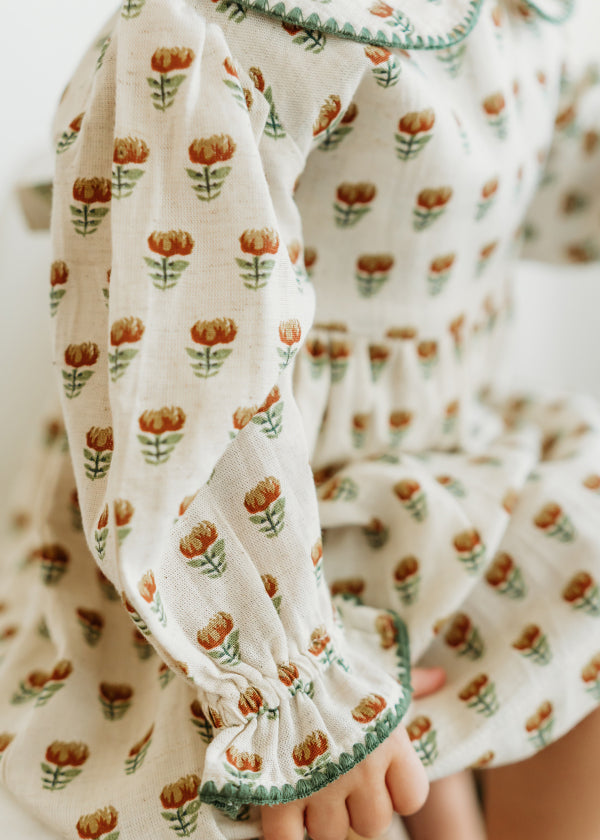 Ina Block Print Floral Baby Dress & Bloomer Set (Linen Blend)