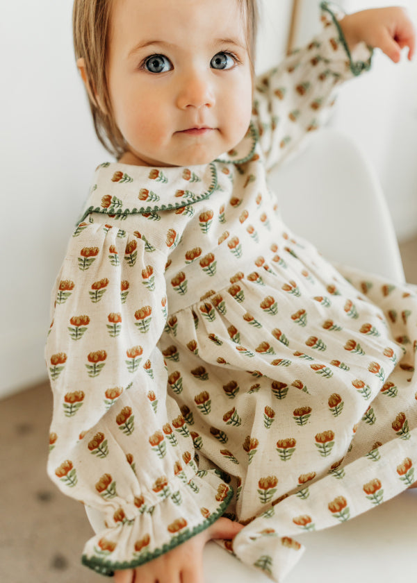 Ina Block Print Floral Baby Dress & Bloomer Set (Linen Blend)
