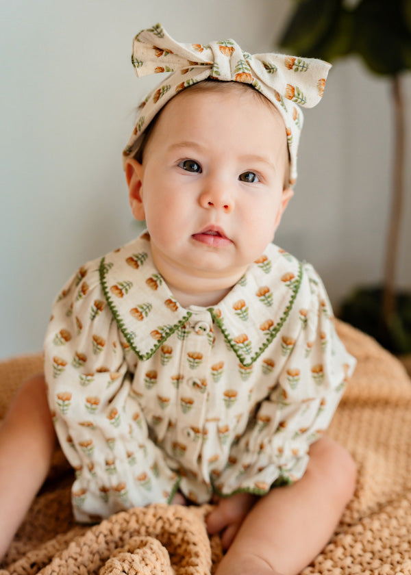 Nira Block Print Floral Baby Romper & Headband Set (Linen Blend)