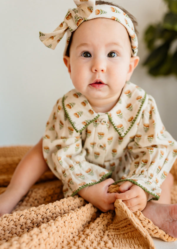 Nira Block Print Floral Baby Romper & Headband Set (Linen Blend)