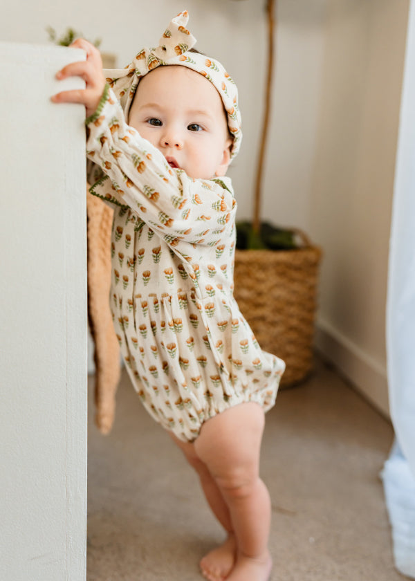 Nira Block Print Floral Baby Romper & Headband Set (Linen Blend)