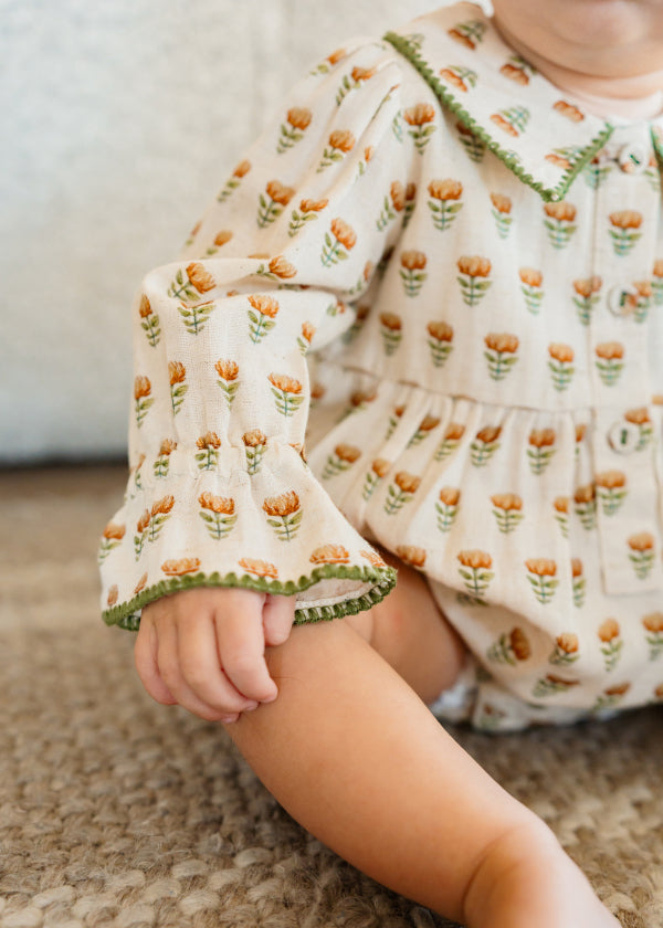 Nira Block Print Floral Baby Romper & Headband Set (Linen Blend)