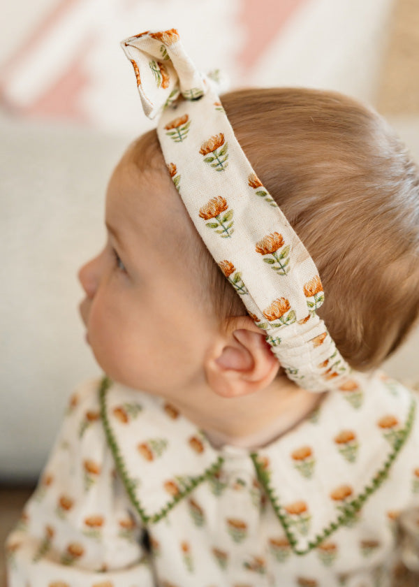 Nira Block Print Floral Baby Romper & Headband Set (Linen Blend)