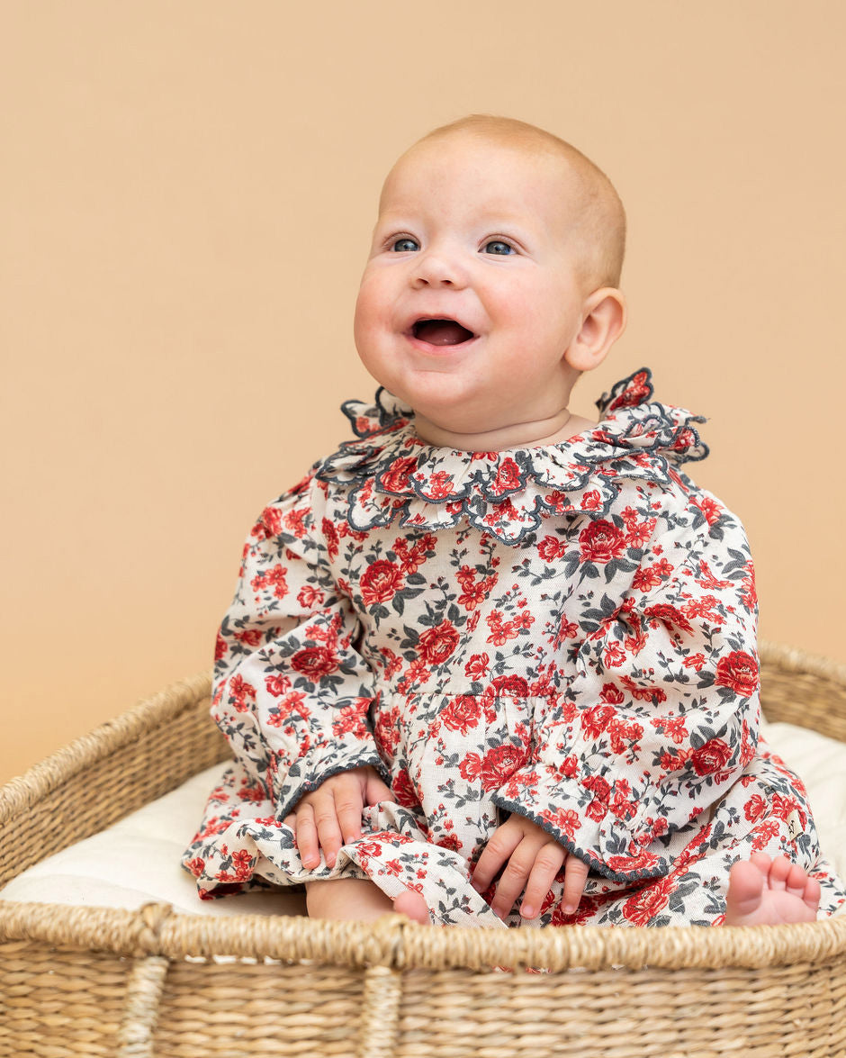 Amour Rose Floral Ruffle Baby Dress & Bloomer (Linen Blend)