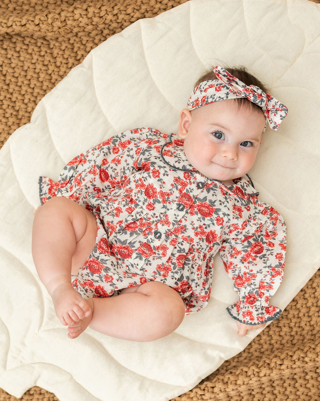 Rosabelle Rose Floral Baby Romper & Headband Set (Linen Blend)