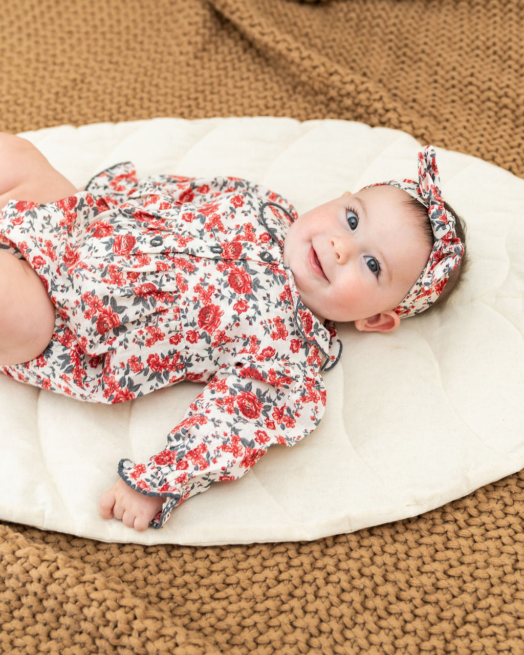 Rosabelle Rose Floral Baby Romper & Headband Set (Linen Blend)