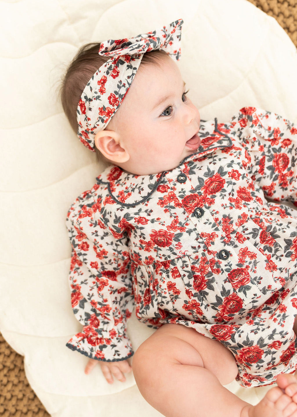 Rosabelle Rose Floral Baby Romper & Headband Set (Linen Blend)